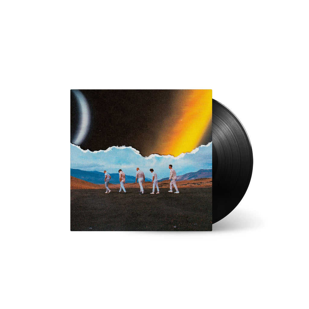 image of a black vinyl record on the right and the album cover on the left. image of an album cover. cover shows five men on a mountain top walking left. the sky is in outerspace and a close up of the sun