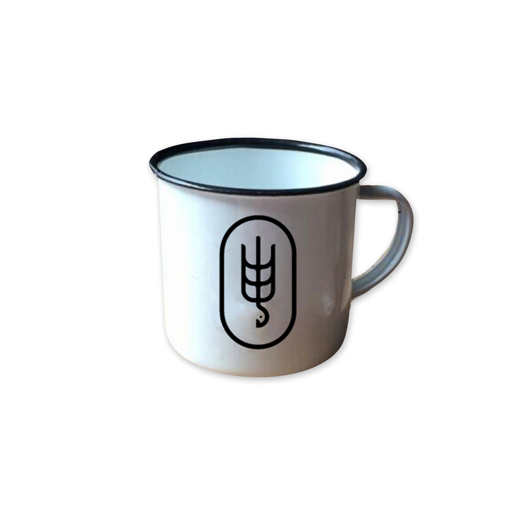image of a white coffee mug on a white background. mug has design on it of an oval with lines in it that looks like an upside down duck
