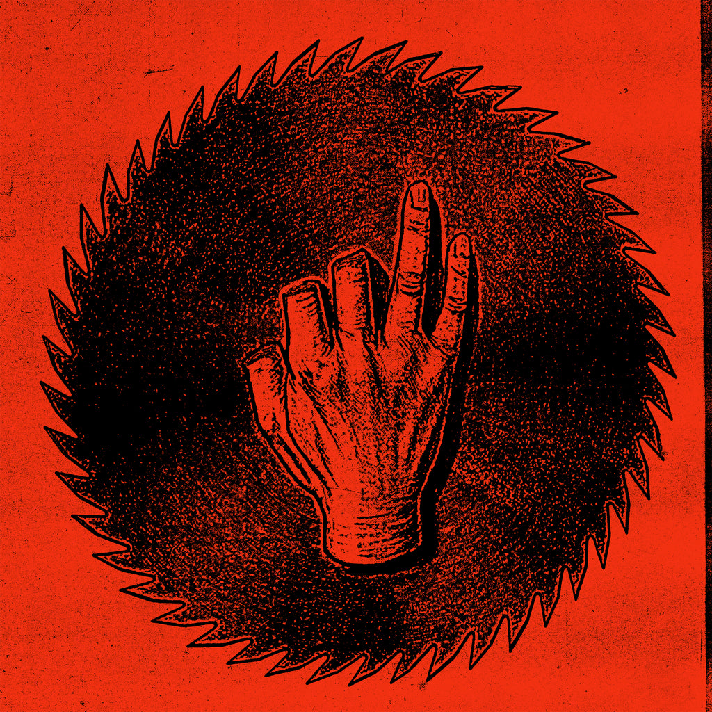 image of an orange sqaure with a black saw blade and a hand with three severed fingers in the middle