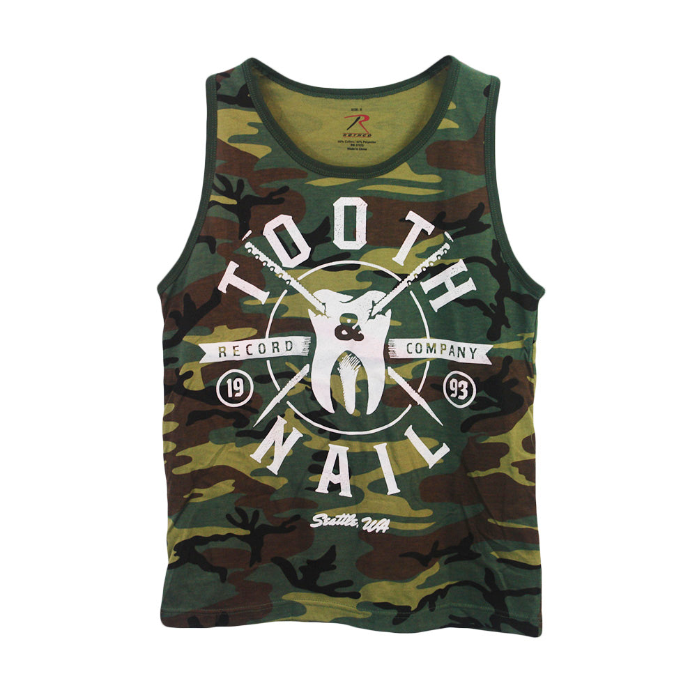 image of a camo tank top on a white background. tank has full front chest print in white that says tooth & Nail records company with a tooth with nails in the center of the tank