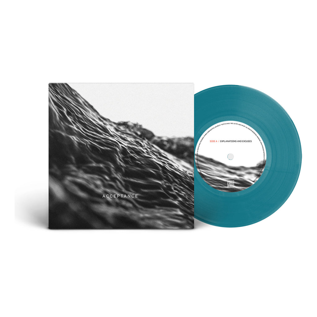 image of a blue secen inch vinyl record on the right and the album cover of the left. the cover is a black and white image of a close up of a waters wave