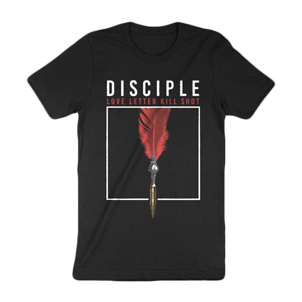 image of a black tee shirt on a white background. front of the tee has a full chest print. on the top in white says disciple. below in red says love letter kill shot. below that is a white square with a red feather on the end of a knife in the sqaure