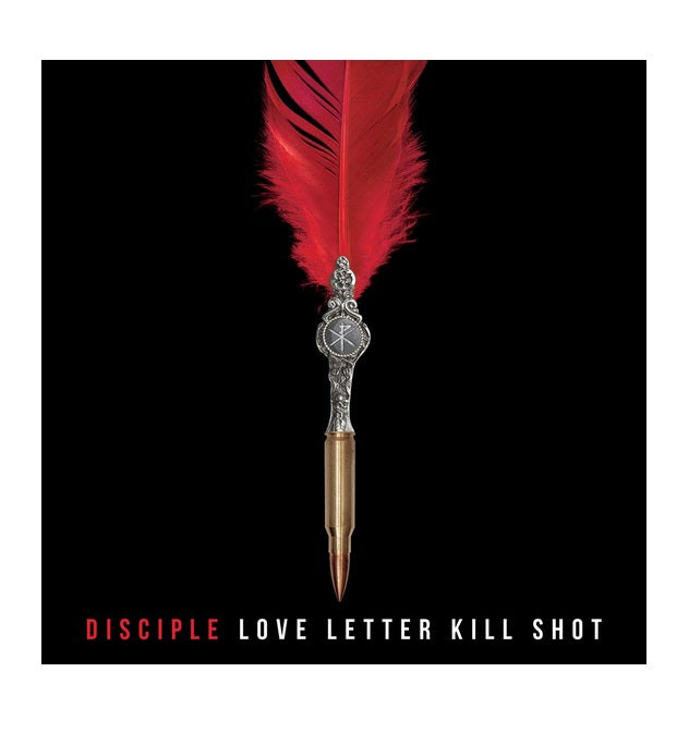 image of an album cover. cover is black and has a red feather pen that is also a bulletin the center. at the bottom says disciple love letter kill shot