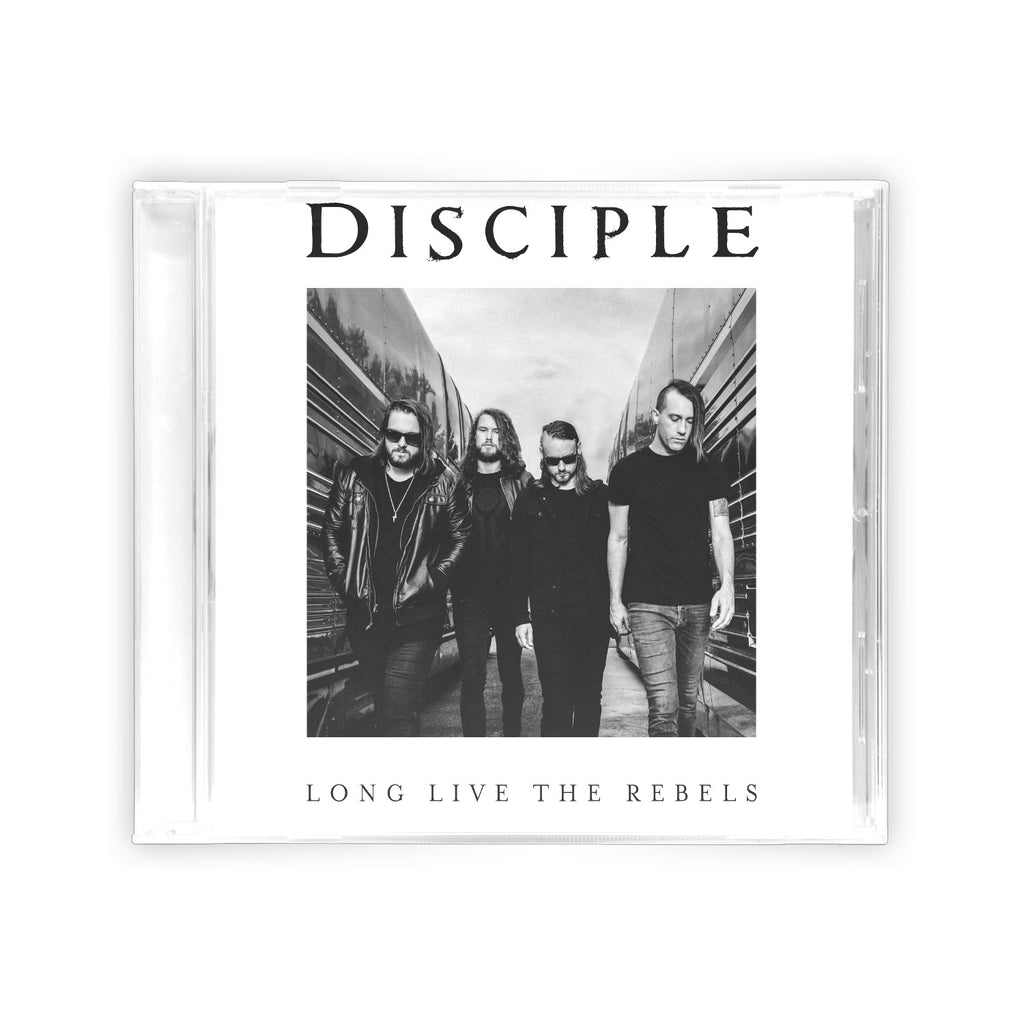 image of a jeweled case cd on a white backgrund. cover is a black and white photo of the band standing between two tour busses. the top says disciple. the bottom says long live the rebels