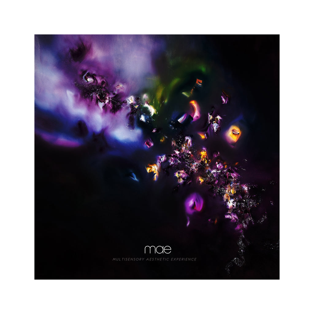 image of an album cover. cover is like a close up of something found in outerspace. cosmic cloud like shape at the top left and multicolored objects fill the image