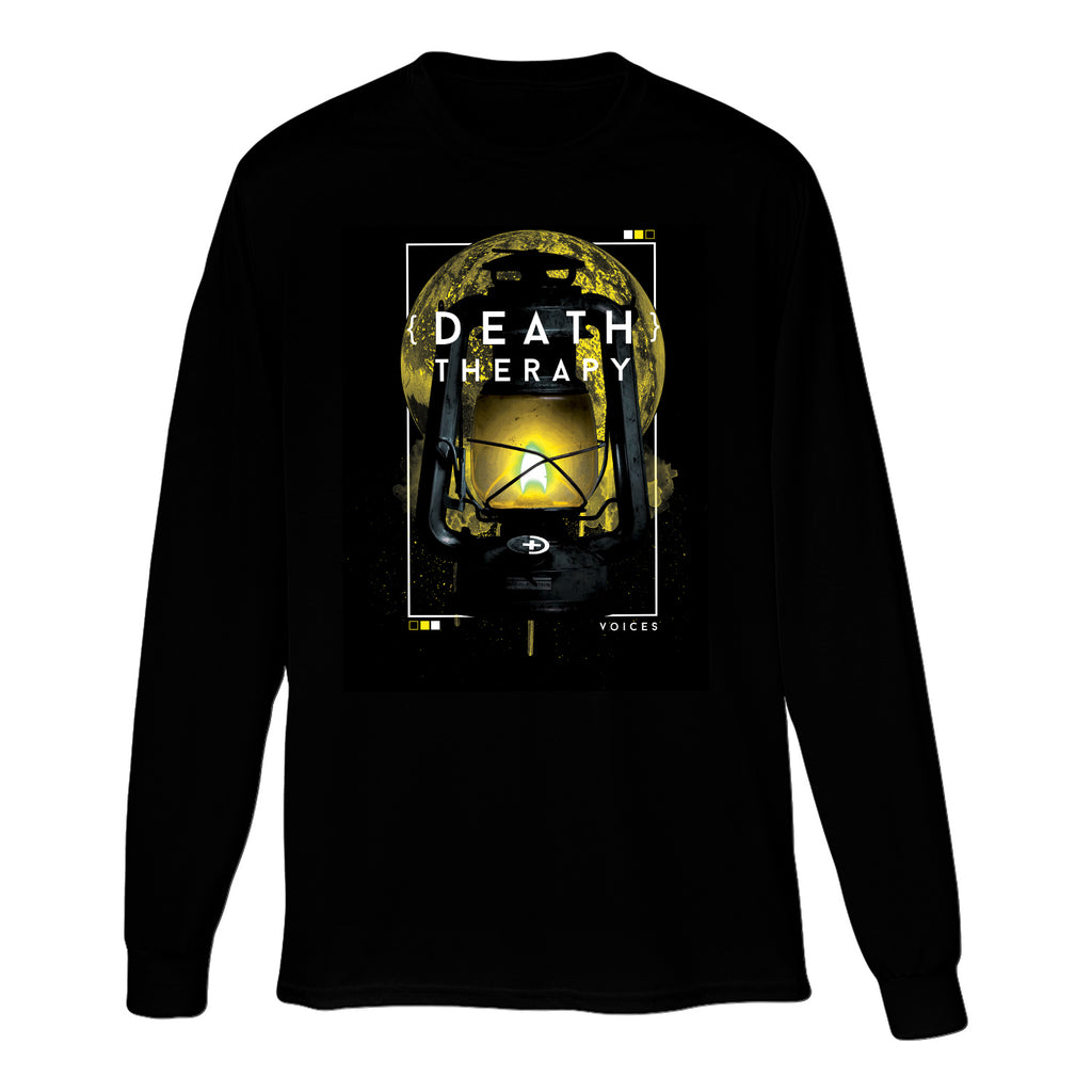 image of a black long sleeve tee on a white background. tee has center chest print of white rectangle with a yellow lit up lantern inside. over the lantern in white says death therapy