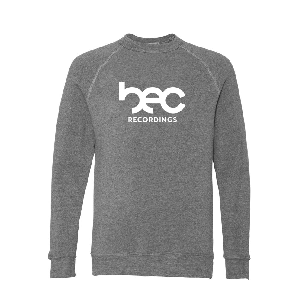 image of a light heather grey crewneck sweatshirt on a white background. crewneck has a front and center chest print in white that says B E C recordings