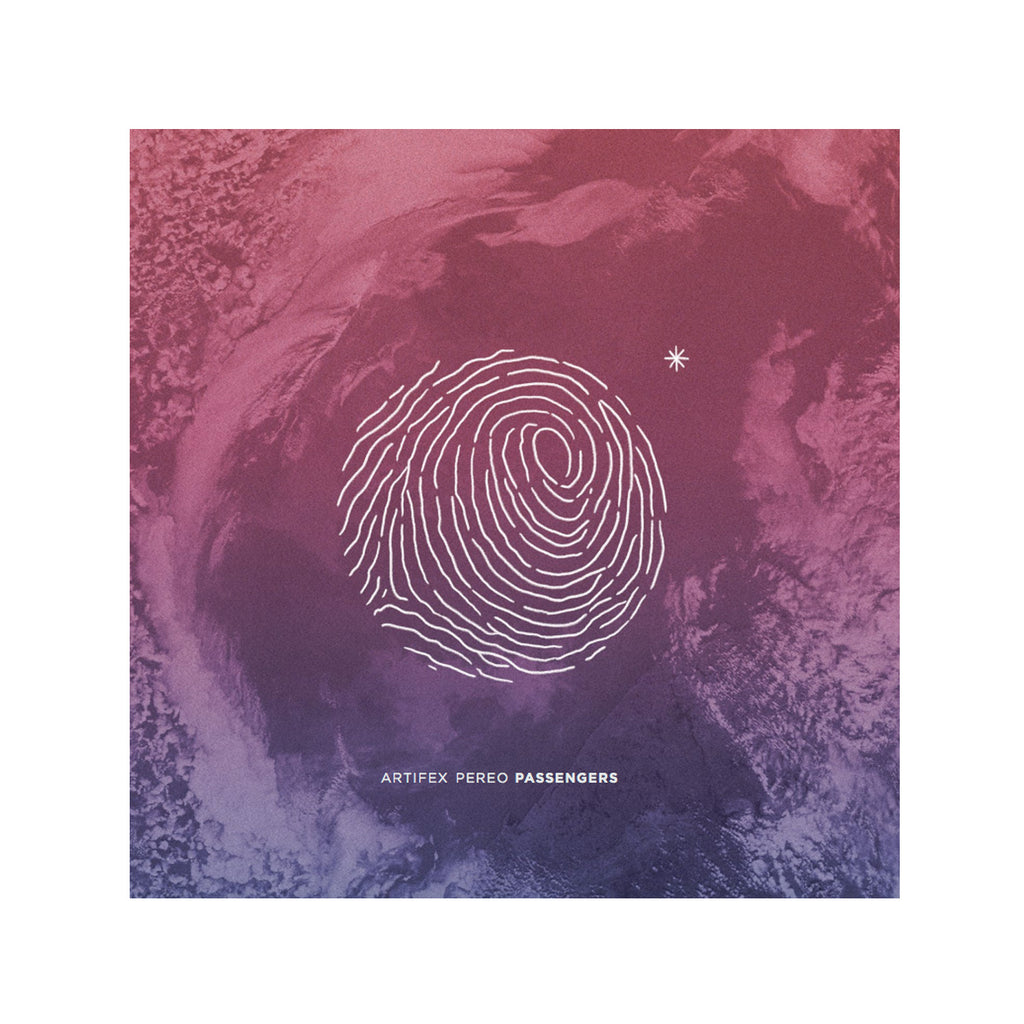 image of the cover for the album passengers. cover is pink and purple and has a finger print in the center