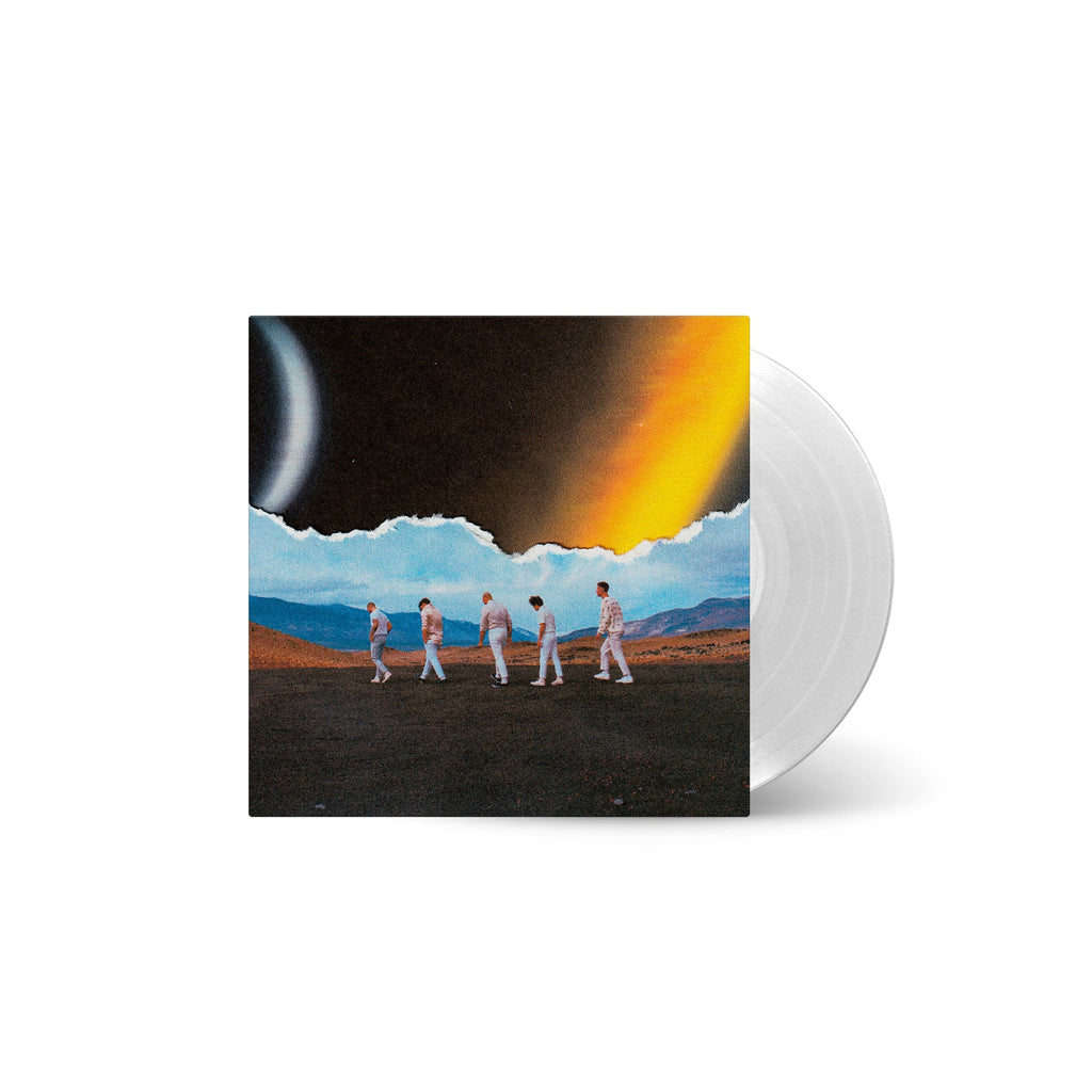 image of a clear vinyl record on the right and the album cover on the left. image of an album cover. cover shows five men on a mountain top walking left. the sky is in outerspace and a close up of the sun