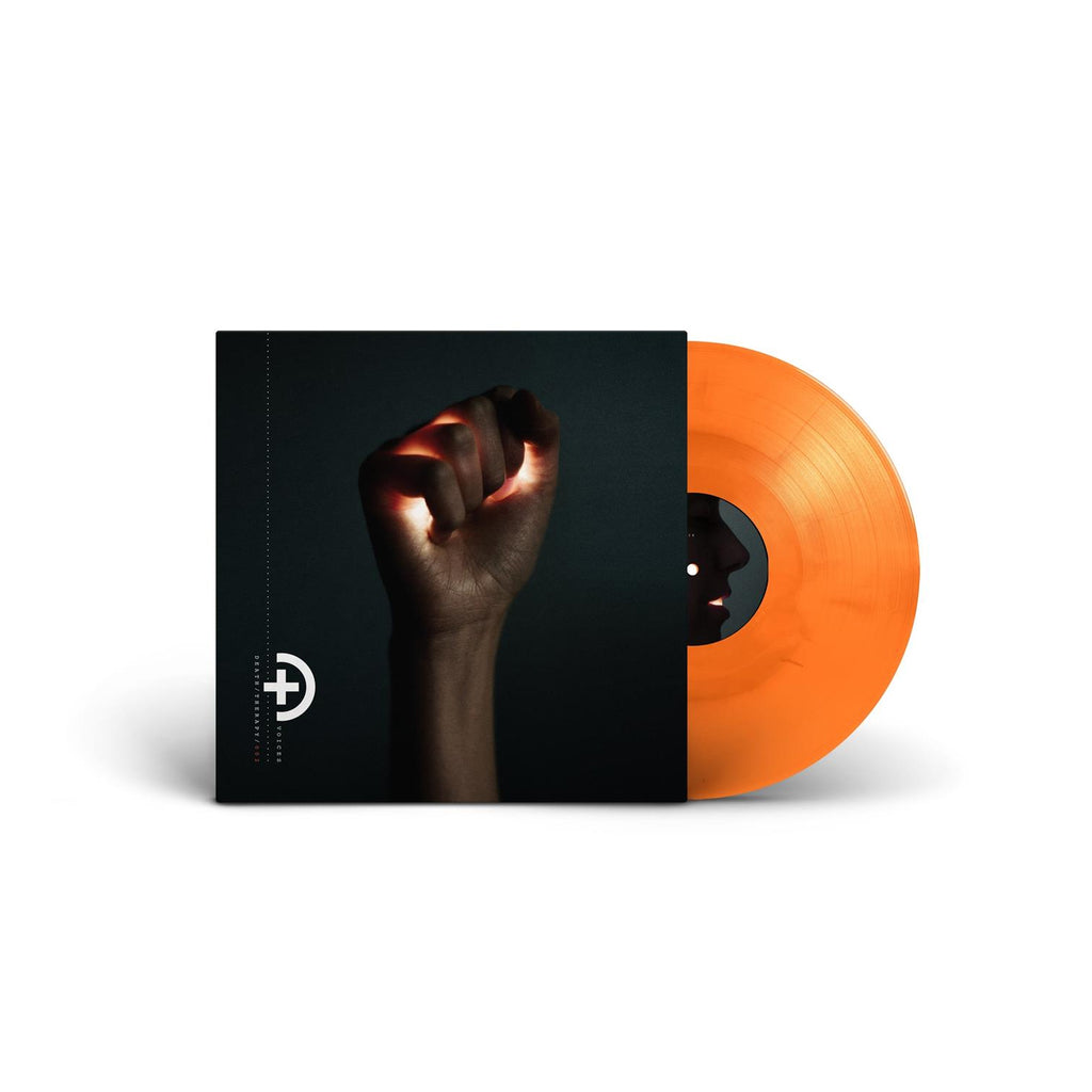 image of an orange vinyl on the right and the album cover on the left. cover is of a hand holding a light and is glowing inside