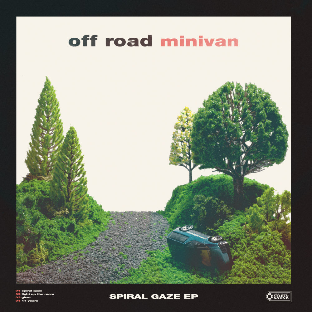 image of an album cover. at the top says off road minivan. there is an image of a gravel road with trees on each side and a van tipped on its side