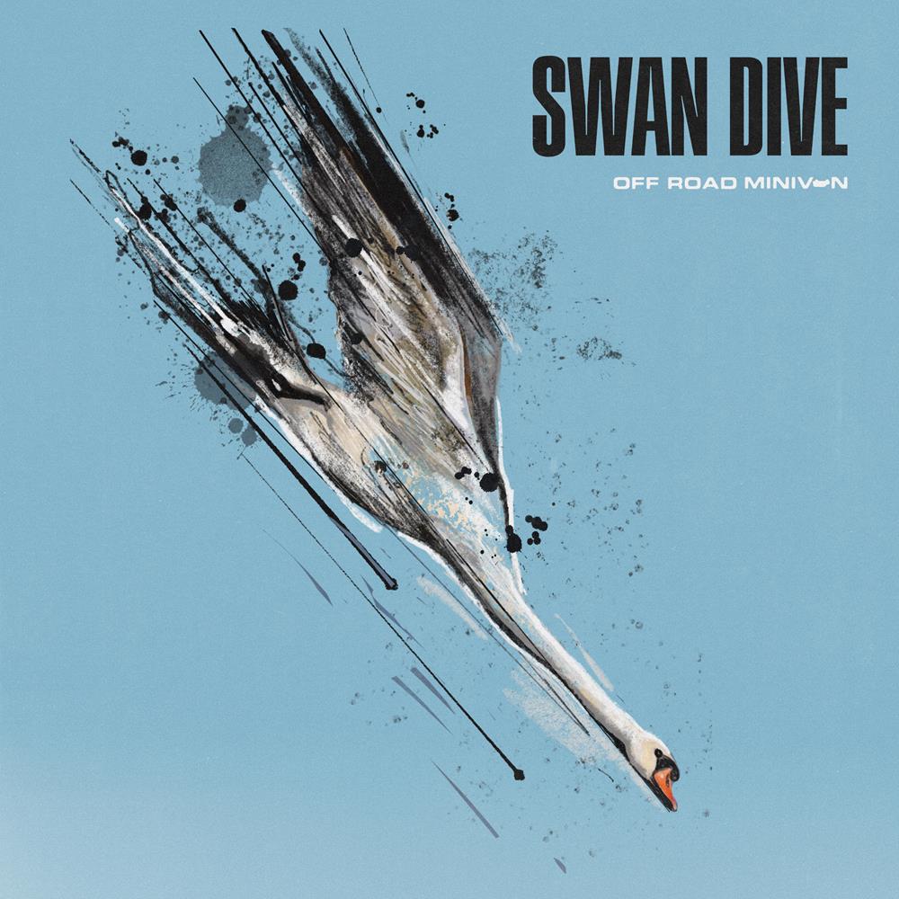 image of an album cover. cover is blue and has an image of a swan diving down with black ink splotches around it. at the top right says swan dive off road minivan