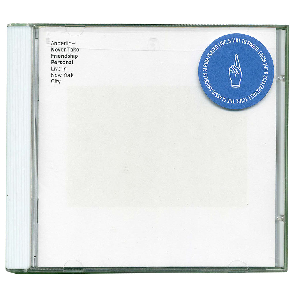 image of a jeweled case cd on a white background. album cover is white and has small text at the top left that says anberlin Never Take Friendship Personal Live In NYC CD