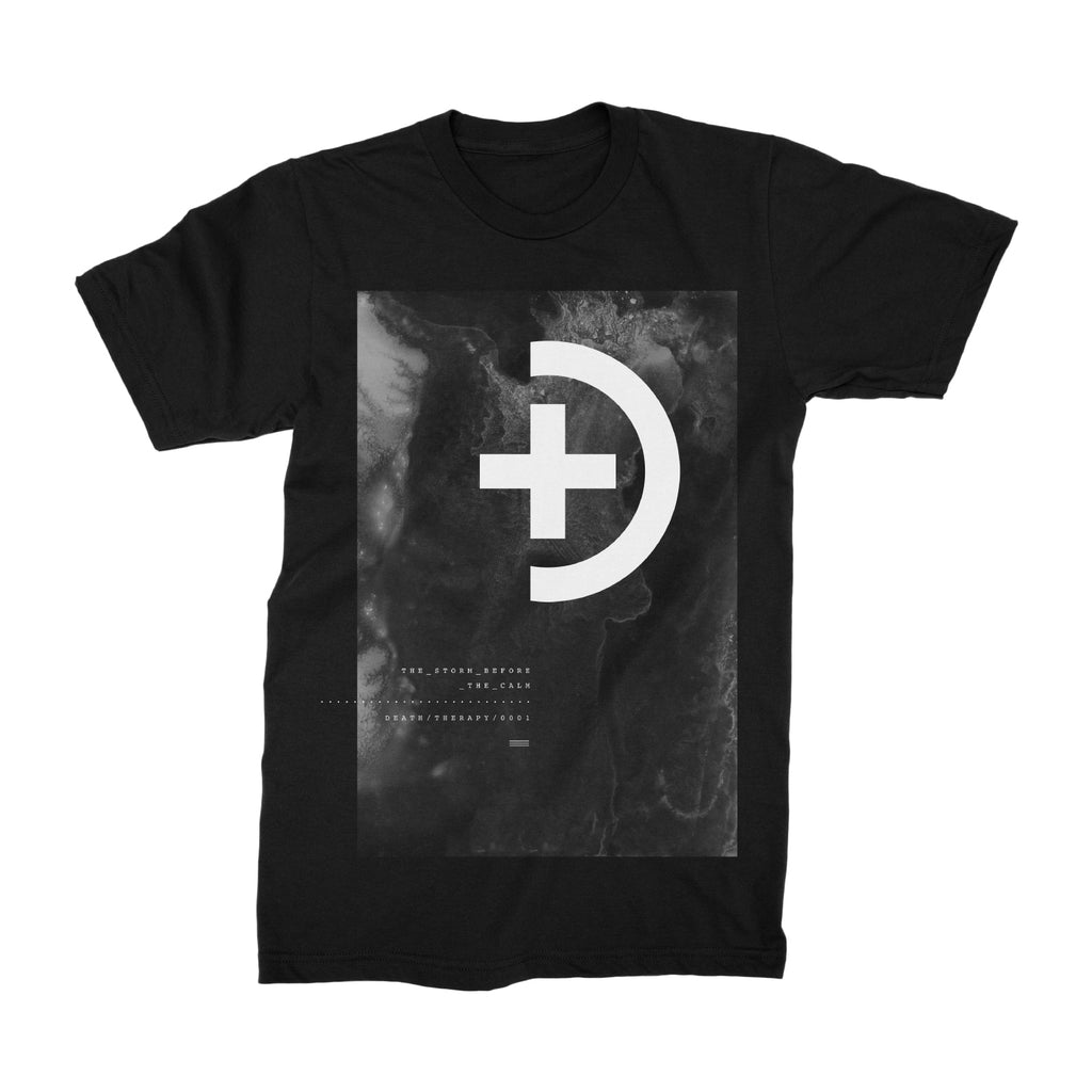 image of a black tee shirt on a white backgroud. tee has a full body chest prnt of grey storm clouds with a plus sign in white and a half circle over it.