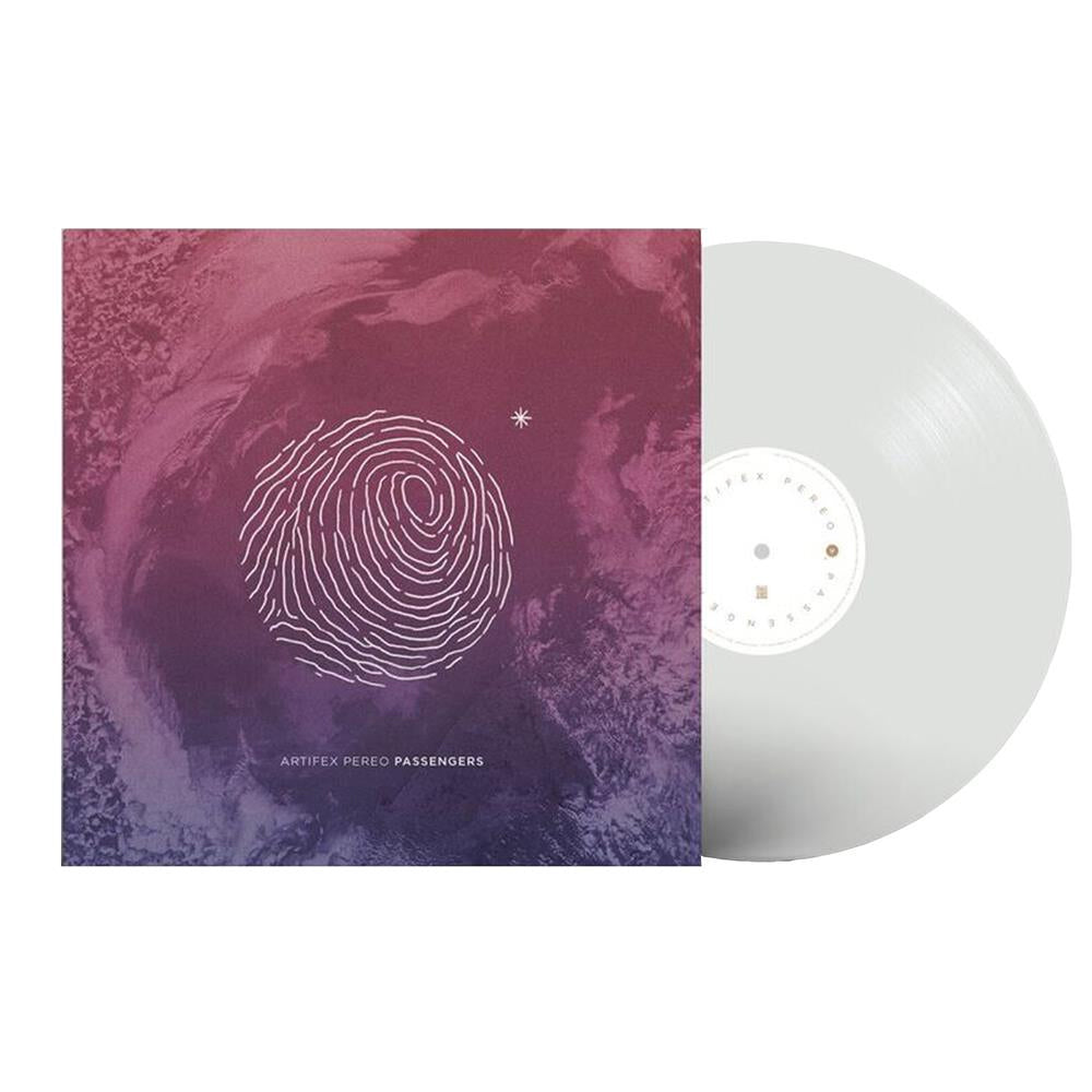 image of the cover for the album passengers. cover is pink and purple and has a finger print in the center. milky clear vinyl on the right