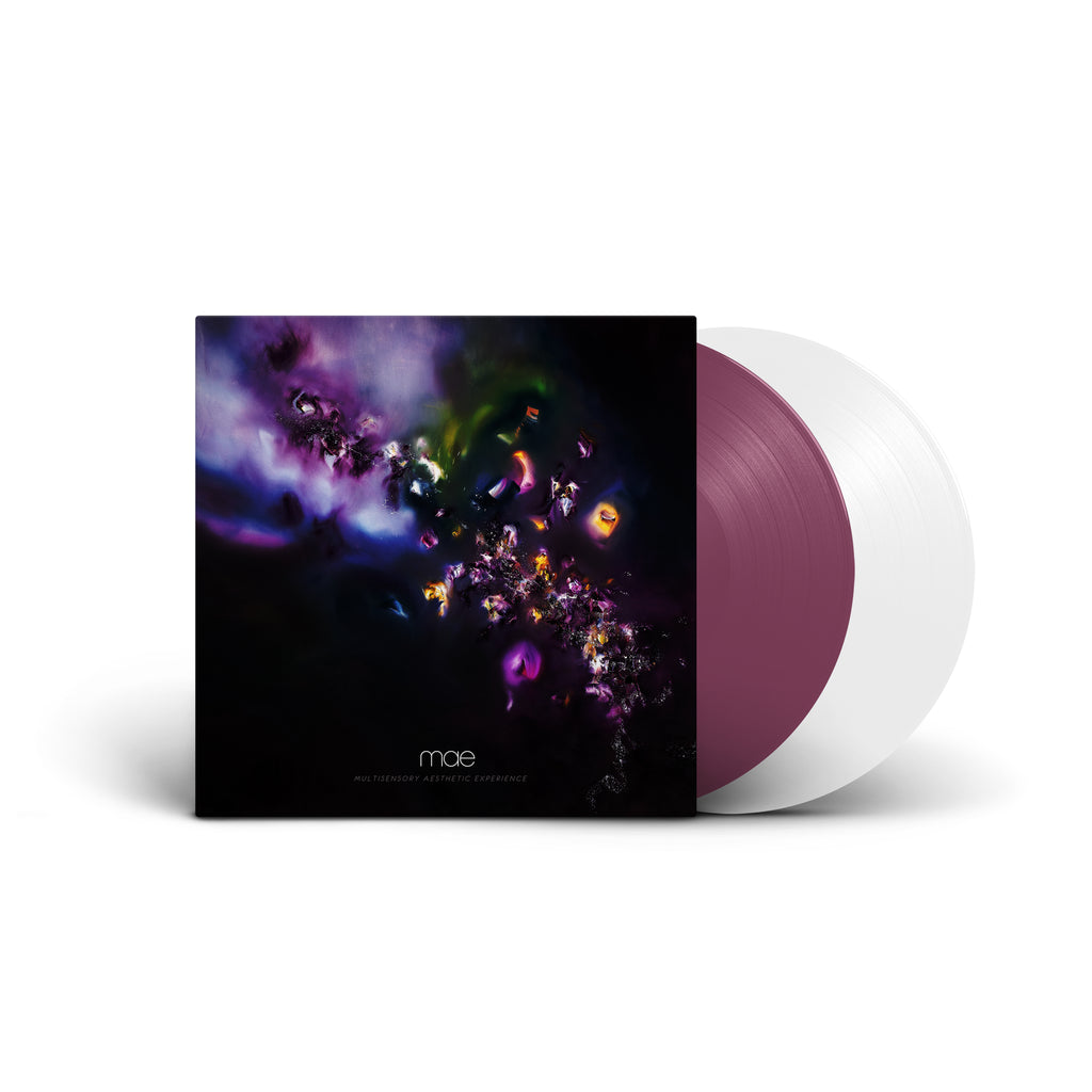 image of a double vinyl on the right. one vinyl is white, one is purple. album cover is on the left. image of an album cover. cover is like a close up of something found in outerspace. cosmic cloud like shape at the top left and multicolored objects fill the image