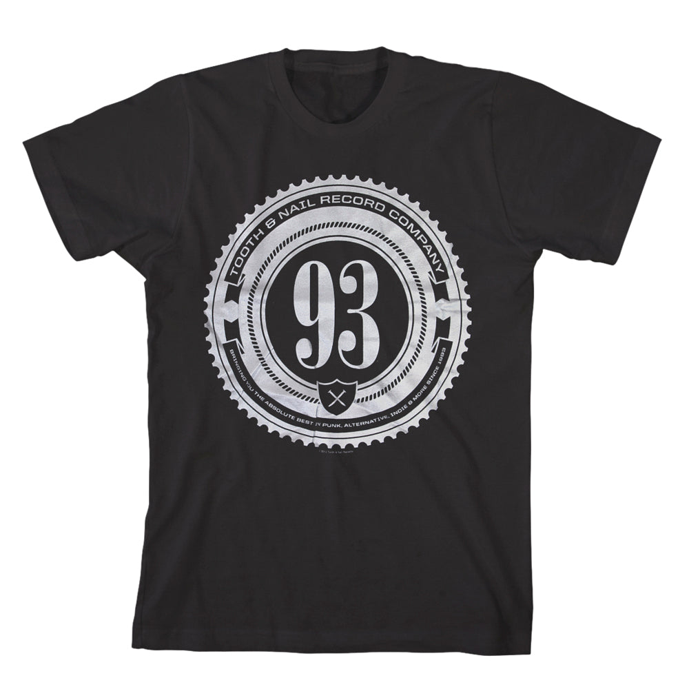 image of a black tee shirt on a white background. tee has a full center chest print in white of a circle with jagged edges. inside the circle is the number 93. arched above says tooth and nail record company