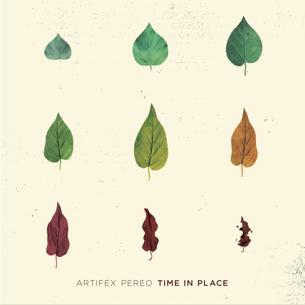 image of the cover for the album time in place. cover is tan and has nine leaves in different stages from start to end