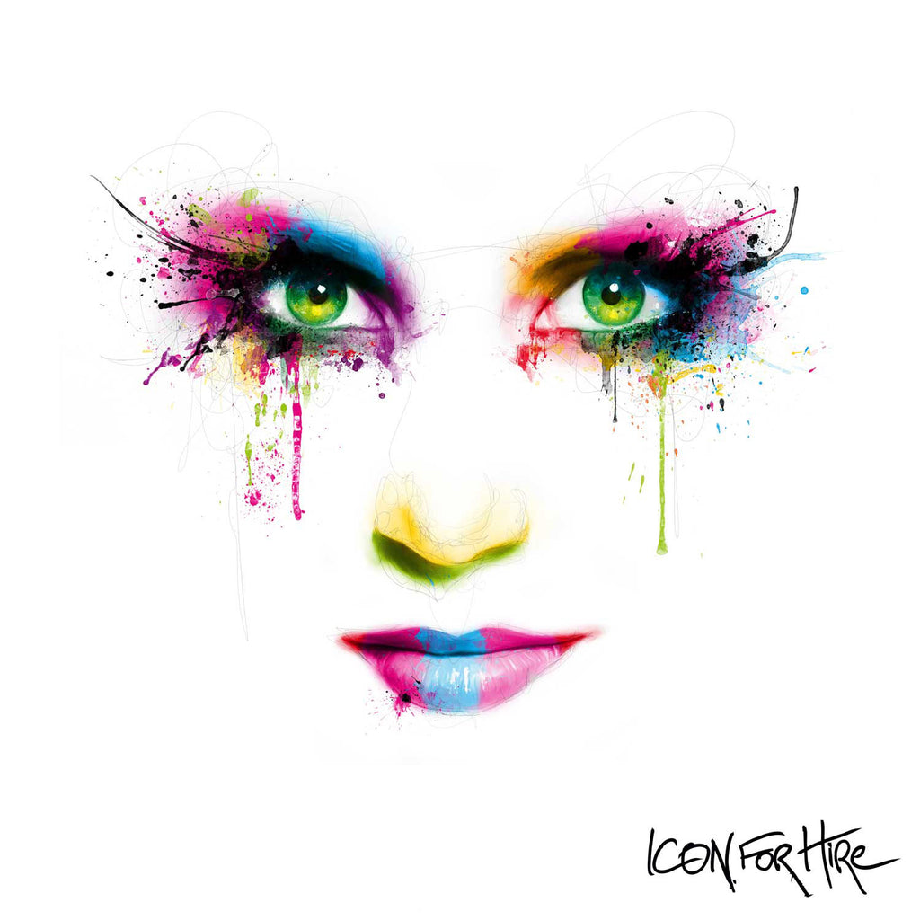 image of an album cover. the cover is white and has a womans face with colorful eye make up and lips. the bottom right says icon for hire