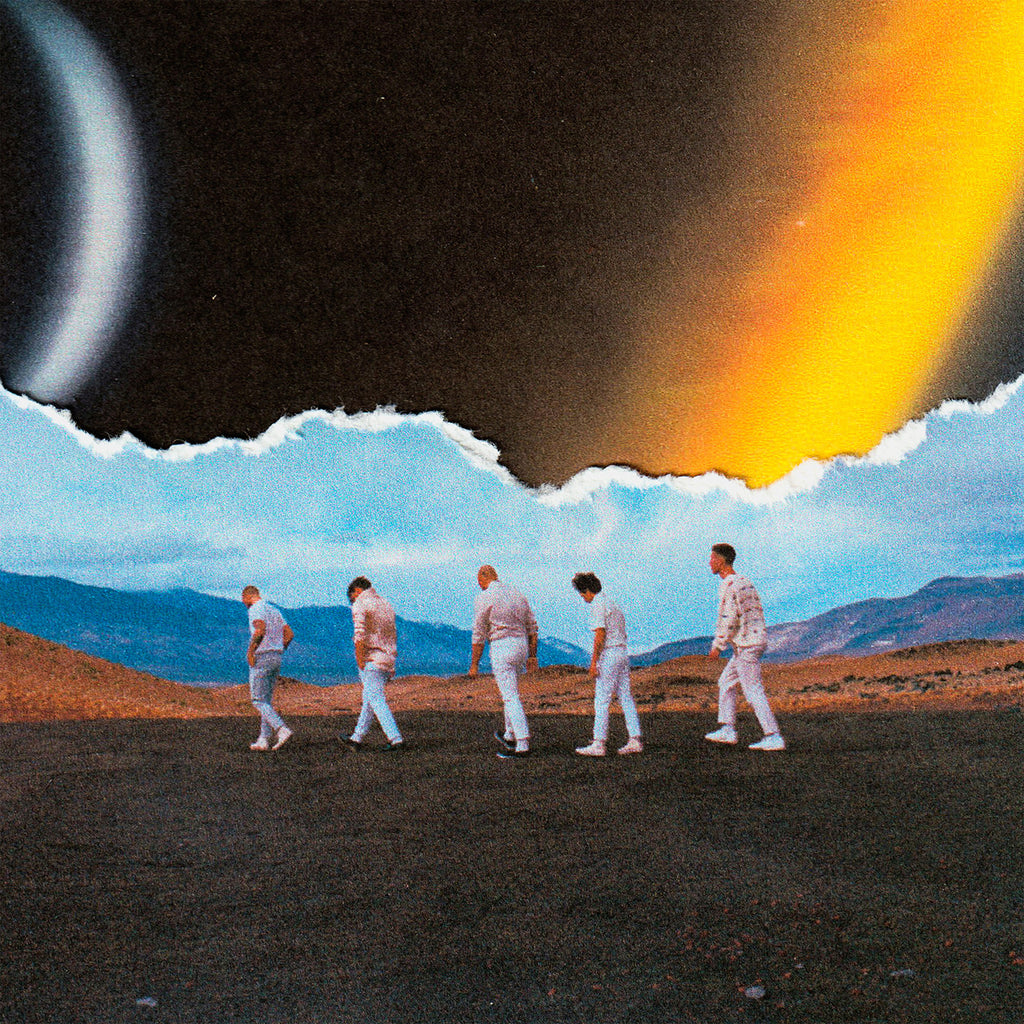 image of an album cover. cover shows five men on a mountain top walking left. the sky is in outerspace and a close up of the sun