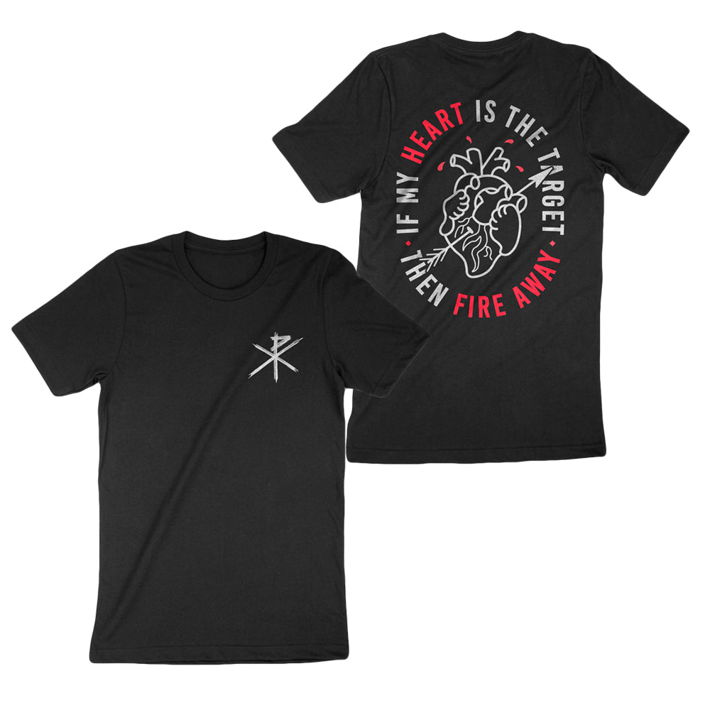 image of the front and back of a black tee shirt on a white background. front of the tee is on the right and has a small print on the right chest of a P with an X through it. The back of the tee is on the right and has a drawing of a human heart in white and text around that says if my heart is the target then fire away