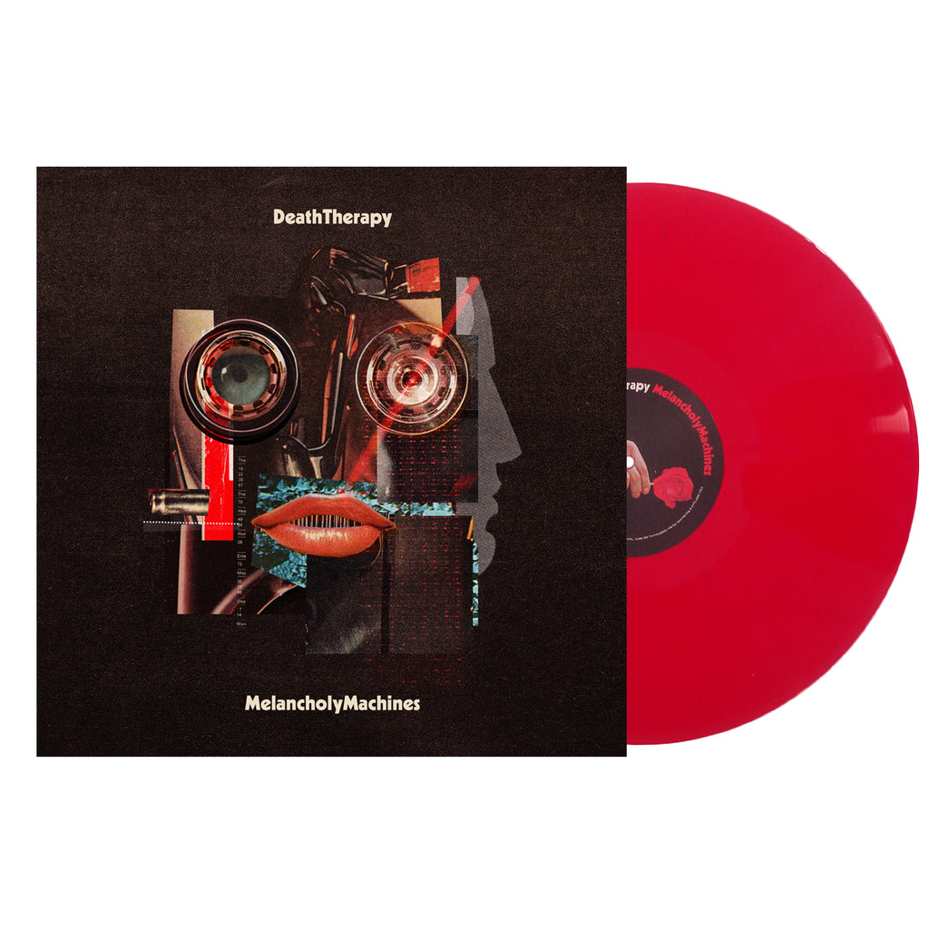 image of a red vinyl record on the right. album cover on the left. image of an album cover. at the top says death therapy. the middle is a mash up of dfferent objects making eyes, and a mouth, the bottom says melancholy machines