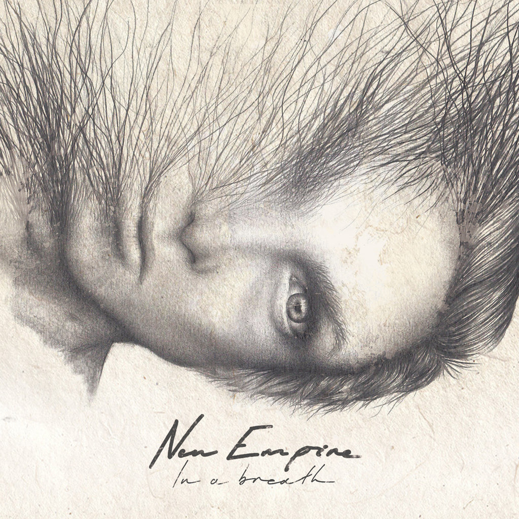 album cover image of a womans face drawn sideways. the top half of her face looks like grass. the bottom says new empire in a breath